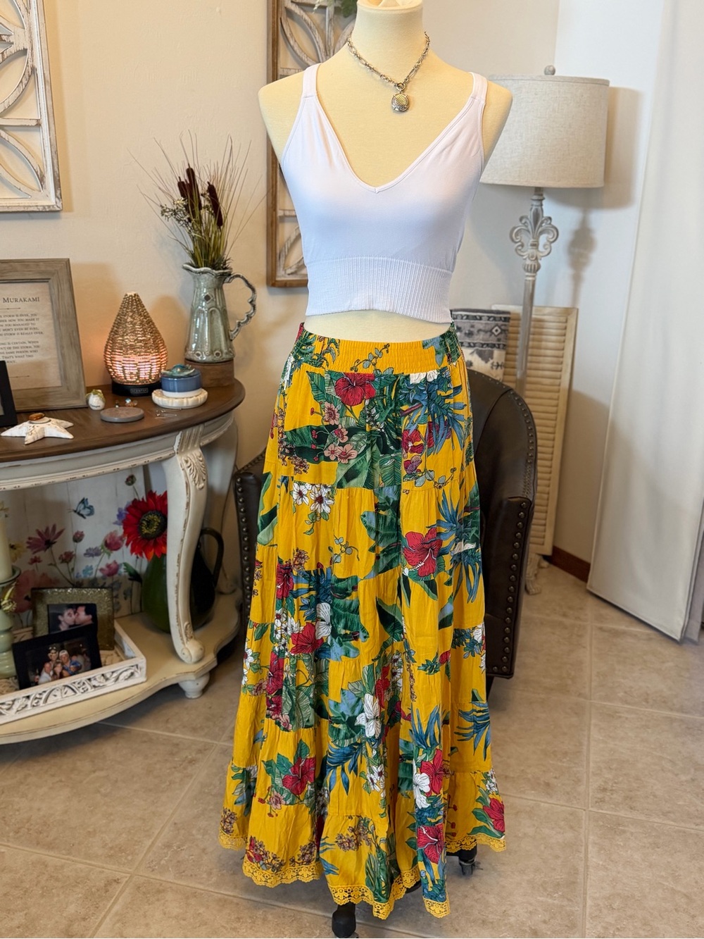 Bohemian Floral Tiered Maxi Skirt in Mustard Yellow